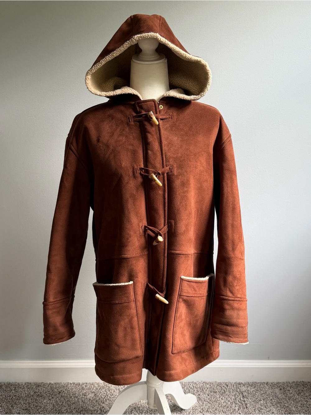 Lauren Ralph Lauren Faux Suede Shearling Hooded Coat Women’s Size Large